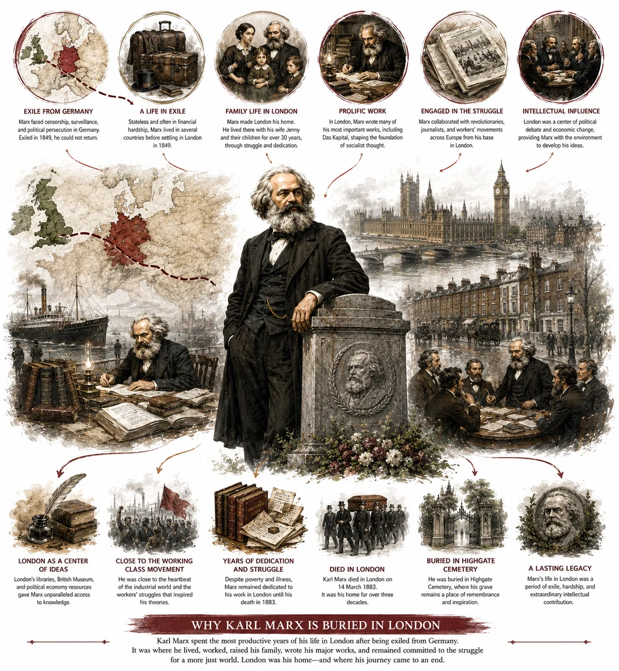 Map diagram showing Marx's exiles from Germany, France, and Belgium to London