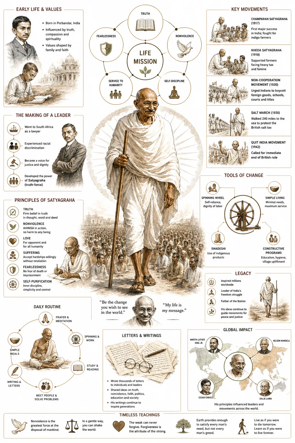 Diagram showing Gandhi's nonviolent methods: boycotts, marches, fasting, civil disobedience