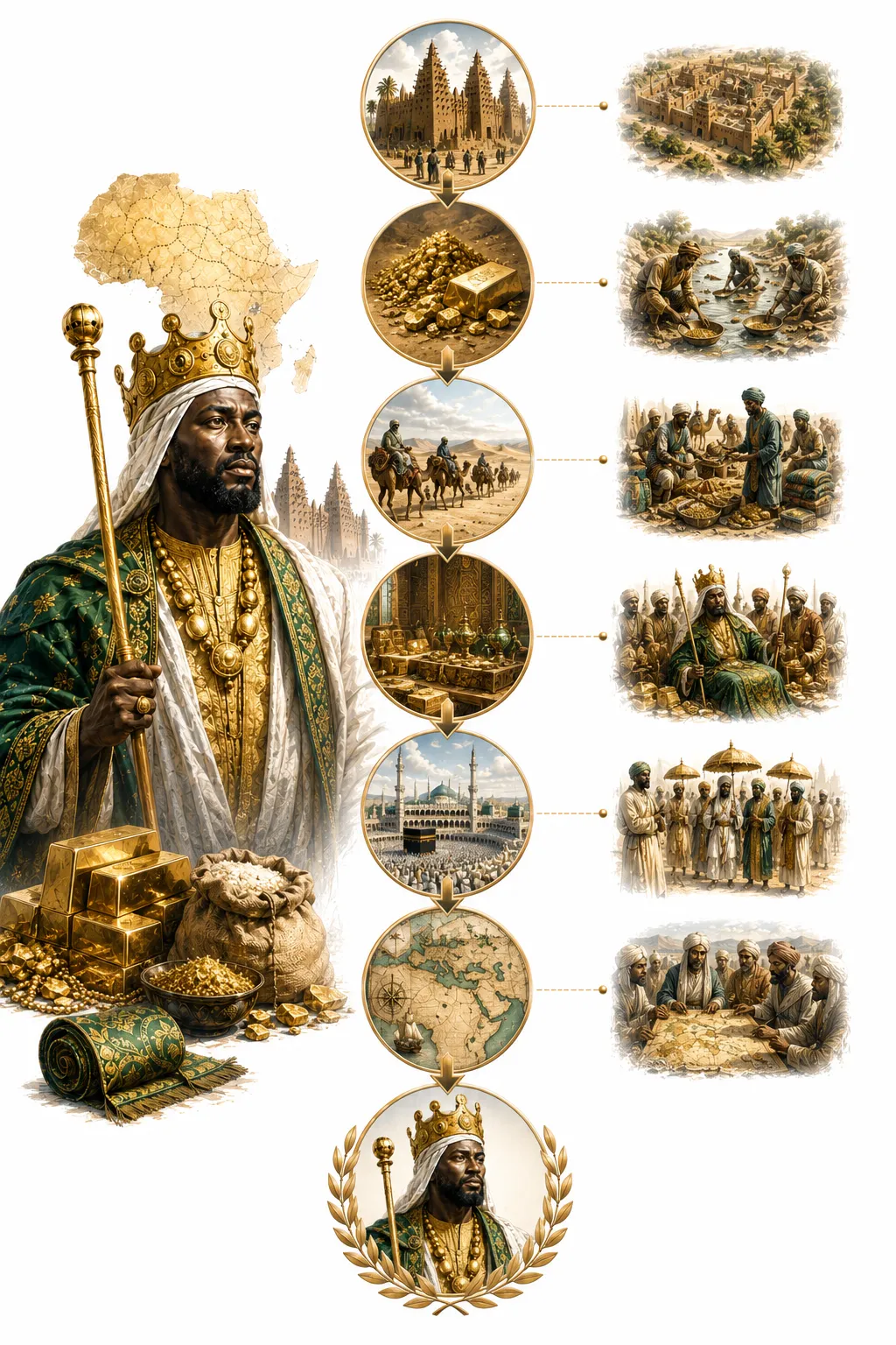 Editorial illustration of Mansa Musa holding a golden scepter with camels in the background