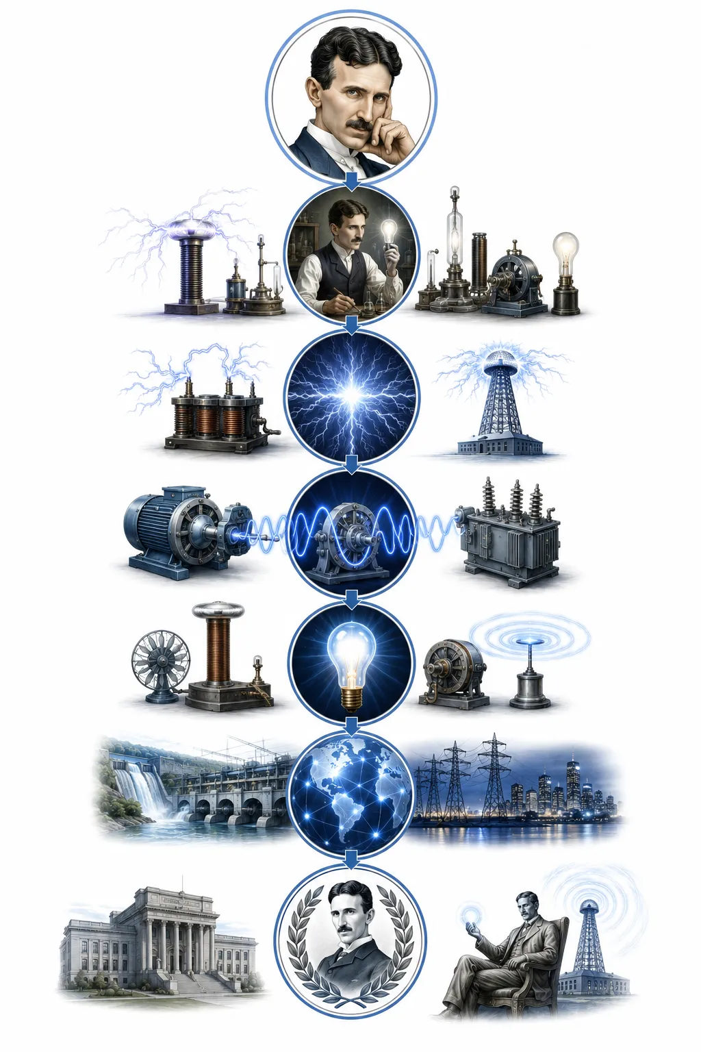 Diagram showing Tesla's key inventions: AC motor, Tesla coil, radio, wireless power
