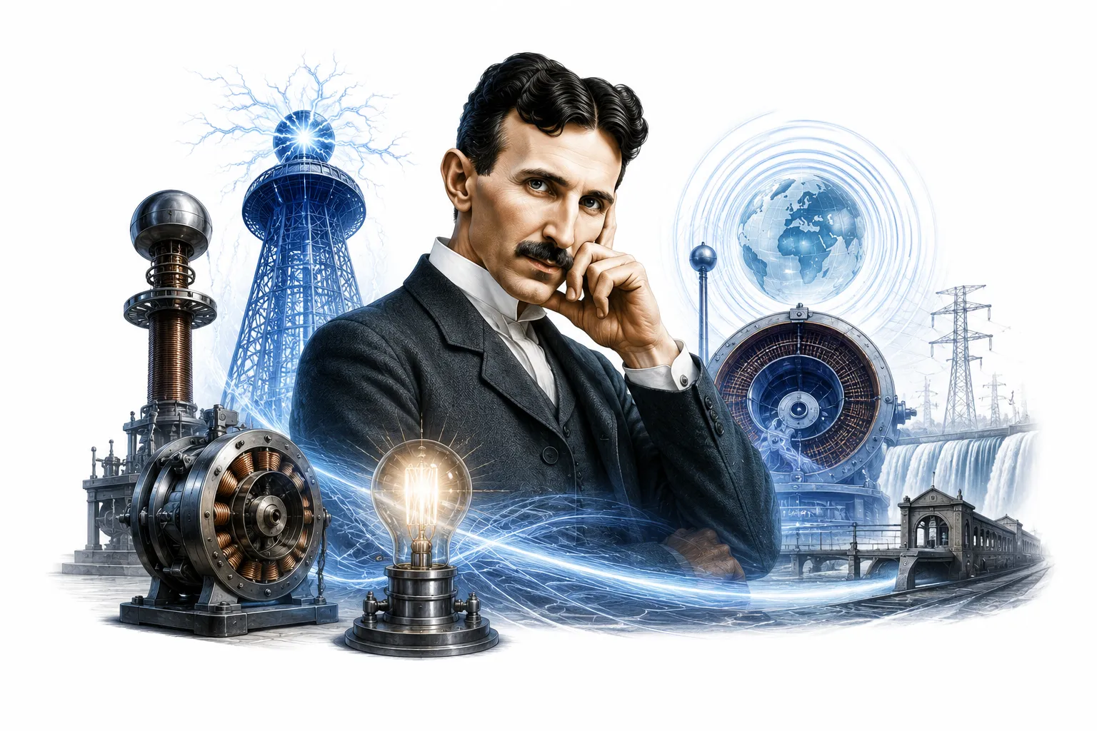 Editorial illustration of Nikola Tesla sitting next to a giant Tesla coil emitting lightning