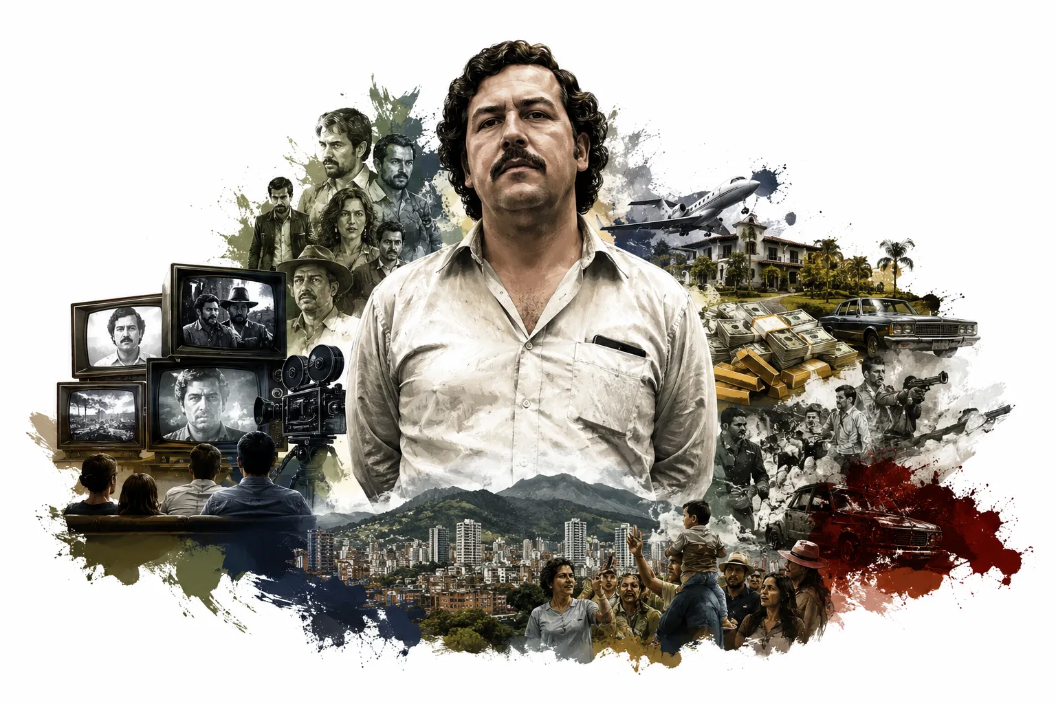 Editorial illustration of Escobar surrounded by cameras and fans