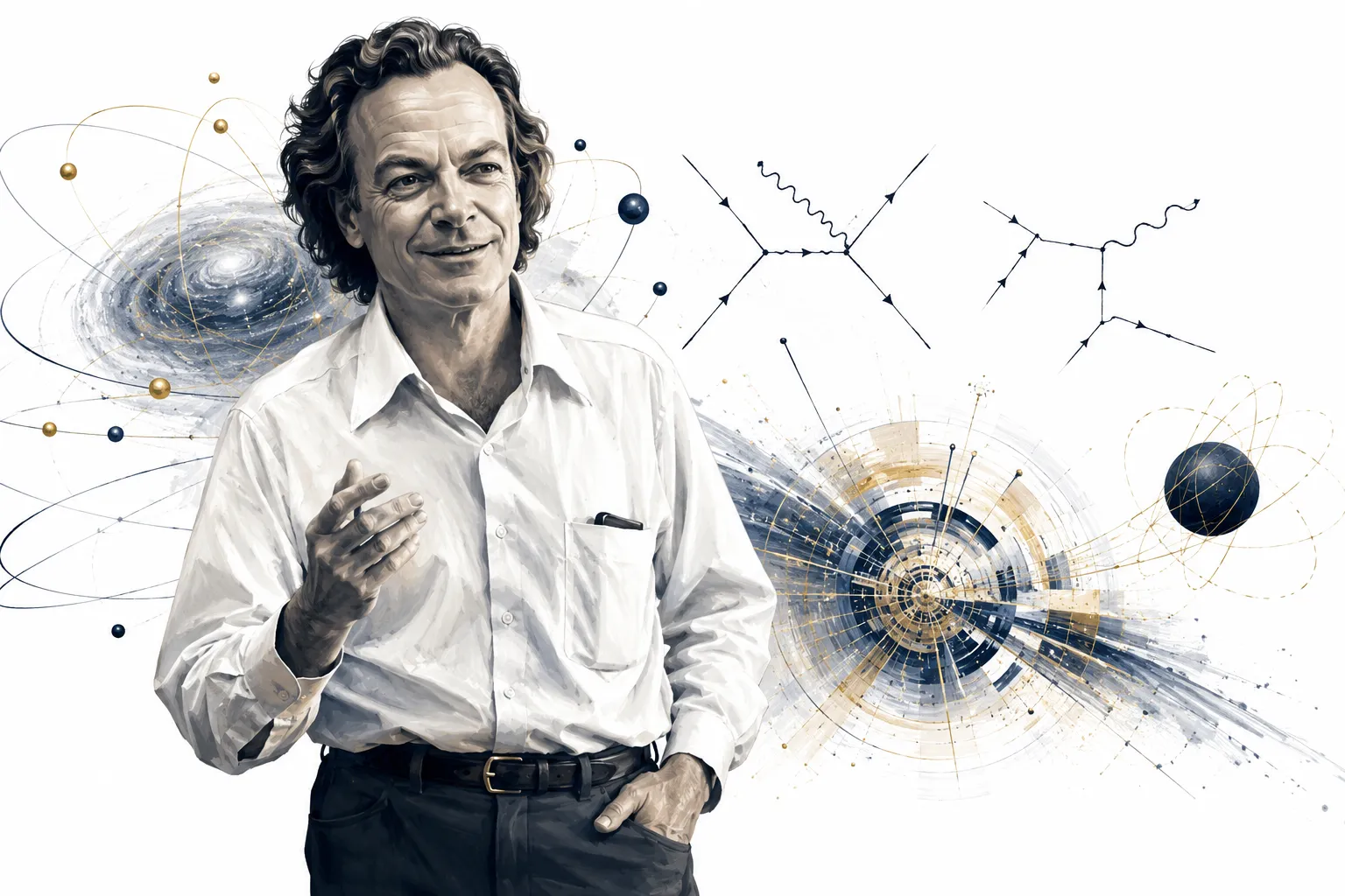 Editorial illustration of Richard Feynman playing bongos with physics diagrams in the background