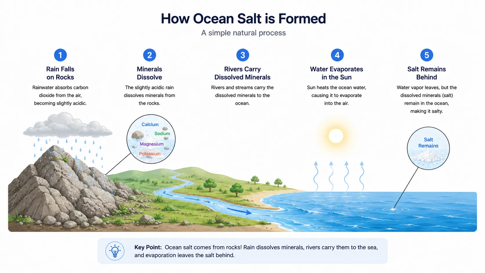 Diagram of rain dissolving rock minerals, rivers transporting them to sea, and evaporation leaving salt behind