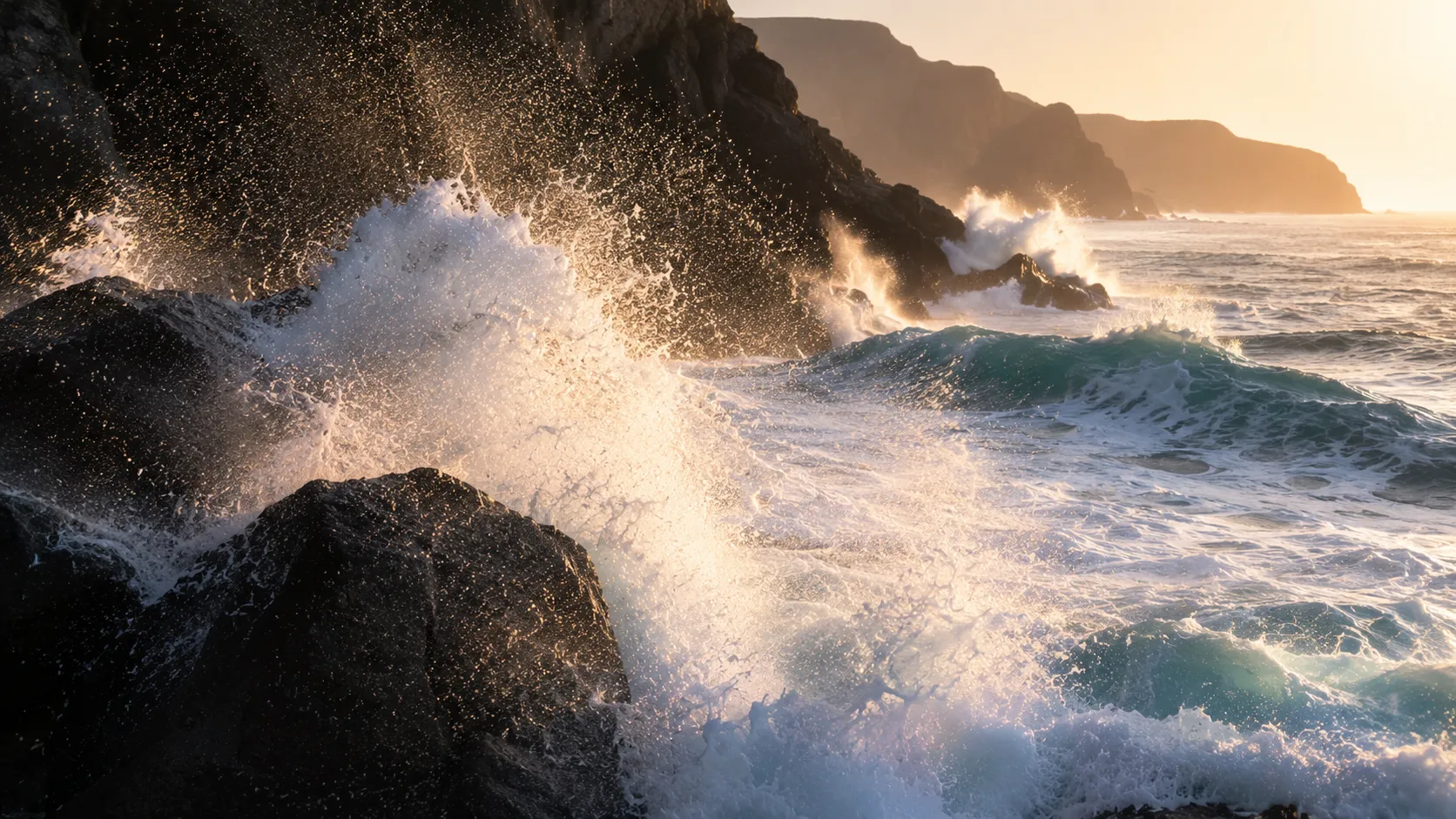 Aerial view of ocean waves breaking on a rocky shore