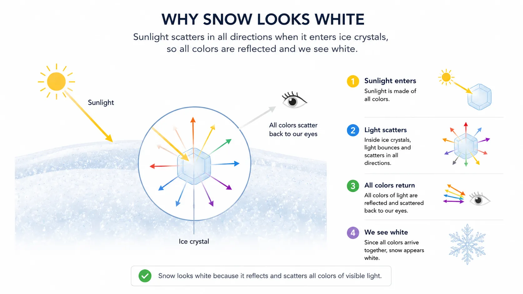 Diagram showing light entering snow and scattering off multiple ice crystal surfaces