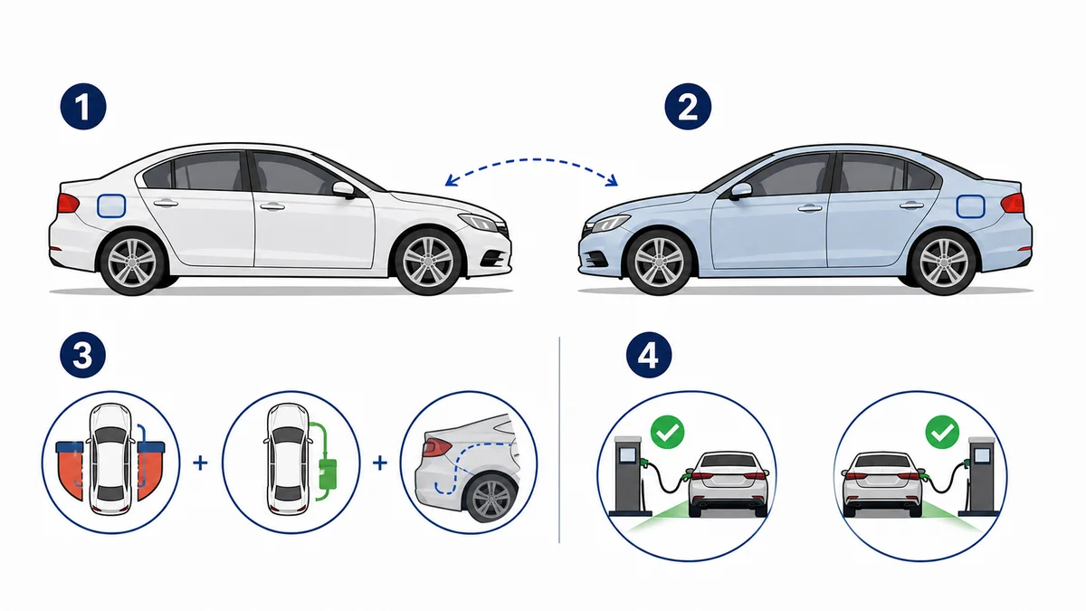 Infographic showing two cars with fuel doors on opposite sides and design tradeoff arrows