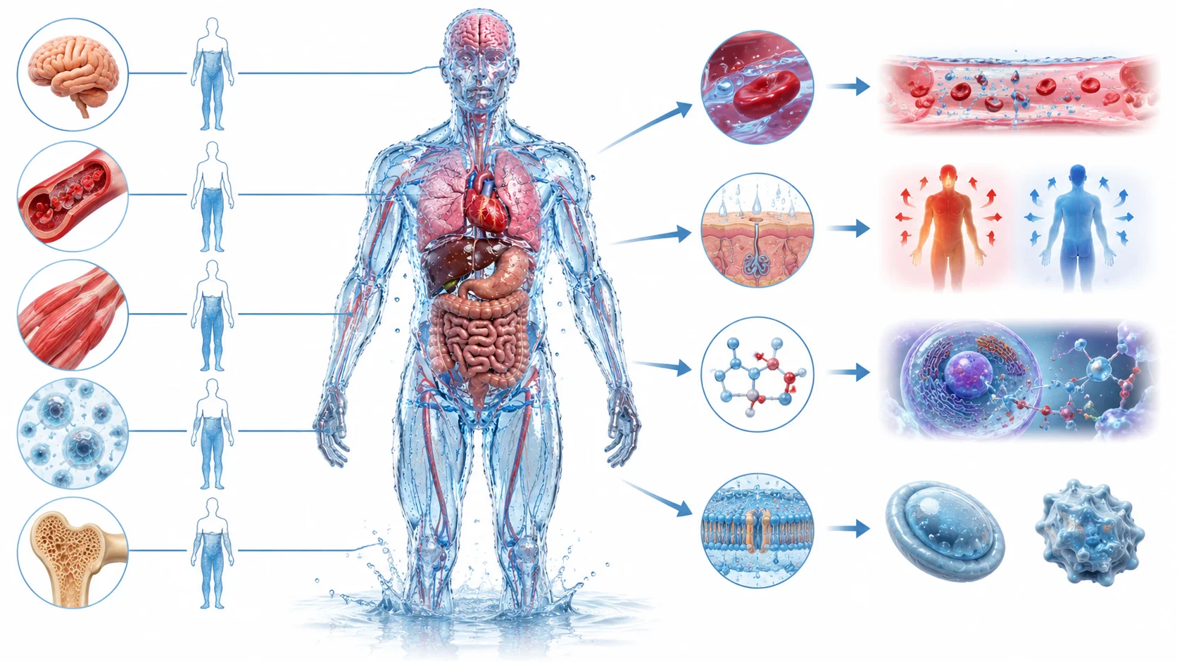 Diagram of human body showing water distribution by organ and tissue