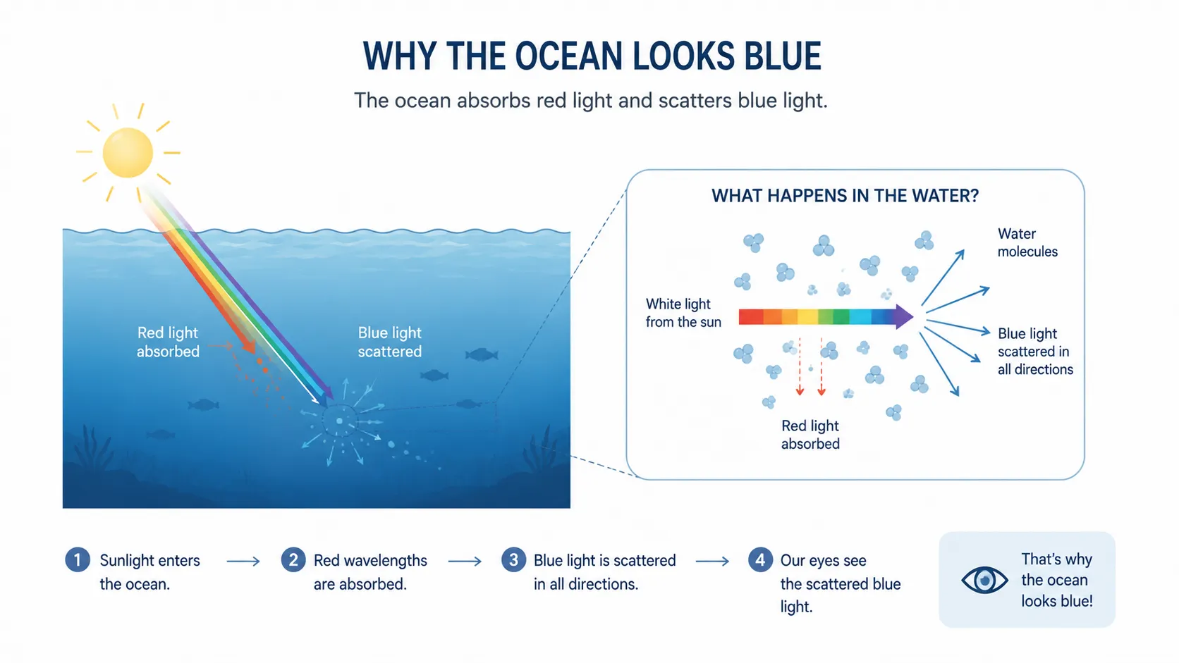 Diagram showing red light absorbed by depth and blue light scattered back toward the observer in ocean water