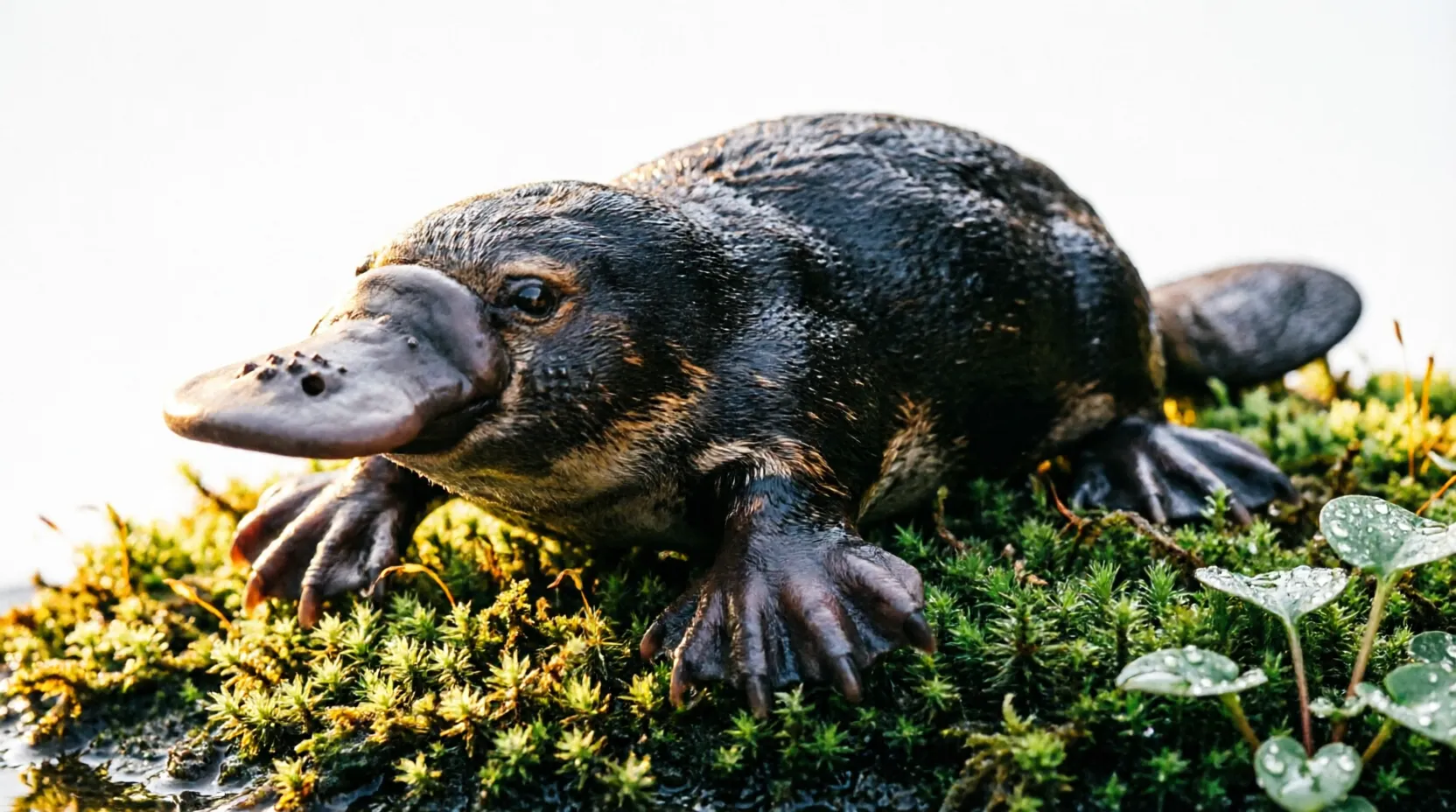 A platypus swimming underwater, showing its distinctive duck-like bill and beaver-like tail