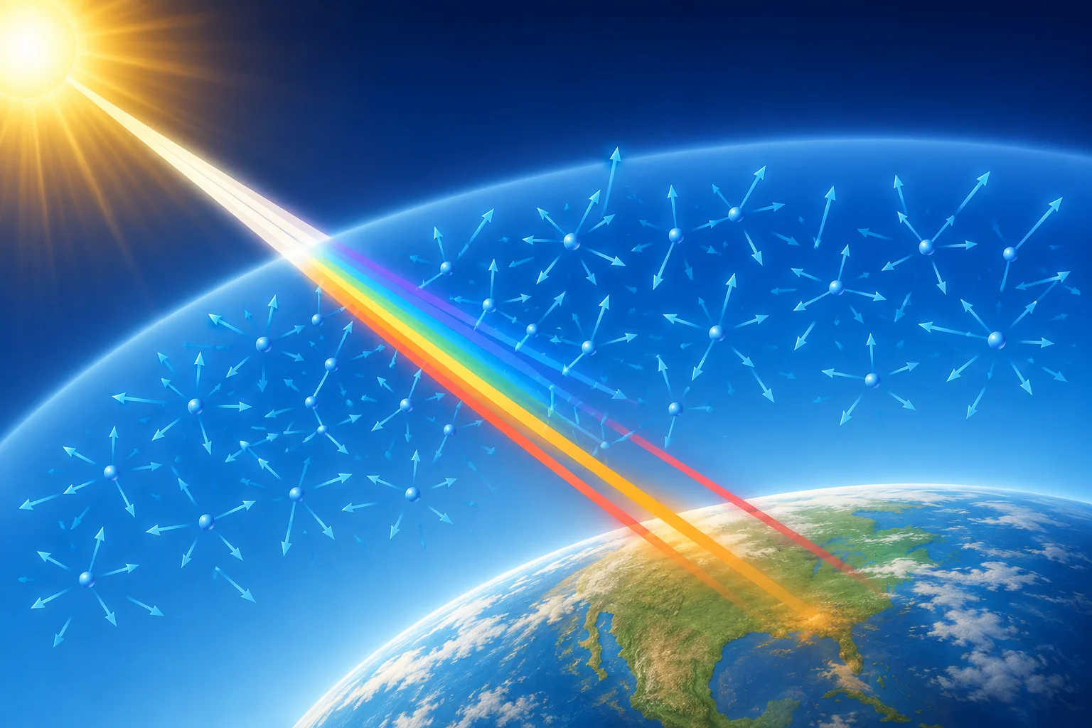 Diagram showing Rayleigh scattering of blue and red light in the atmosphere