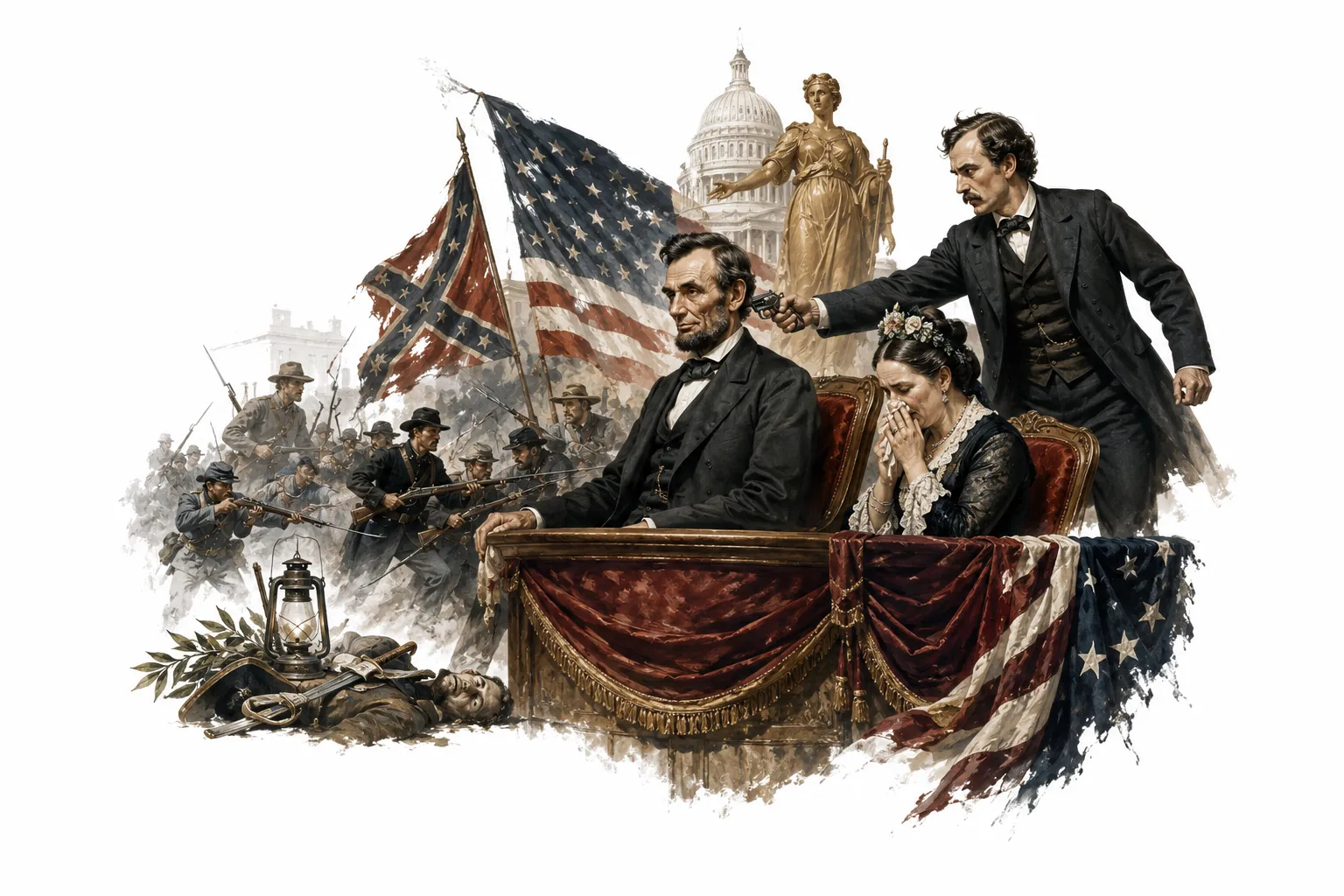 Editorial illustration of John Wilkes Booth shooting Lincoln at Ford's Theatre