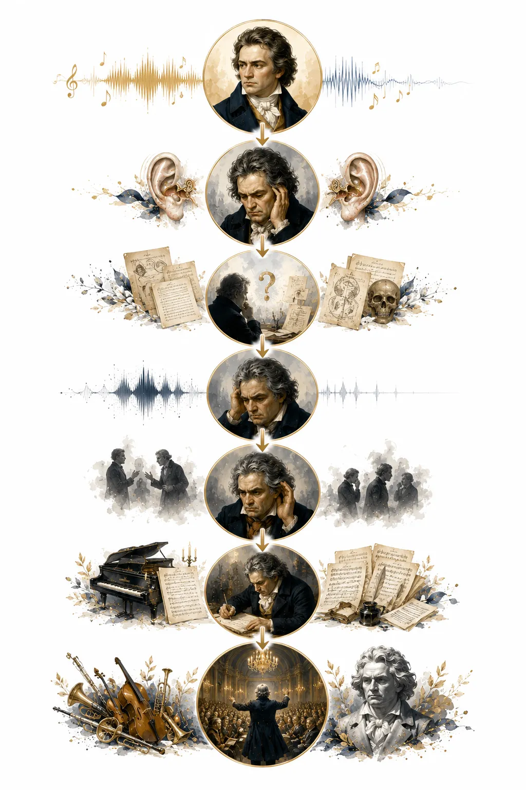 Timeline diagram showing the progression of Beethoven's hearing loss