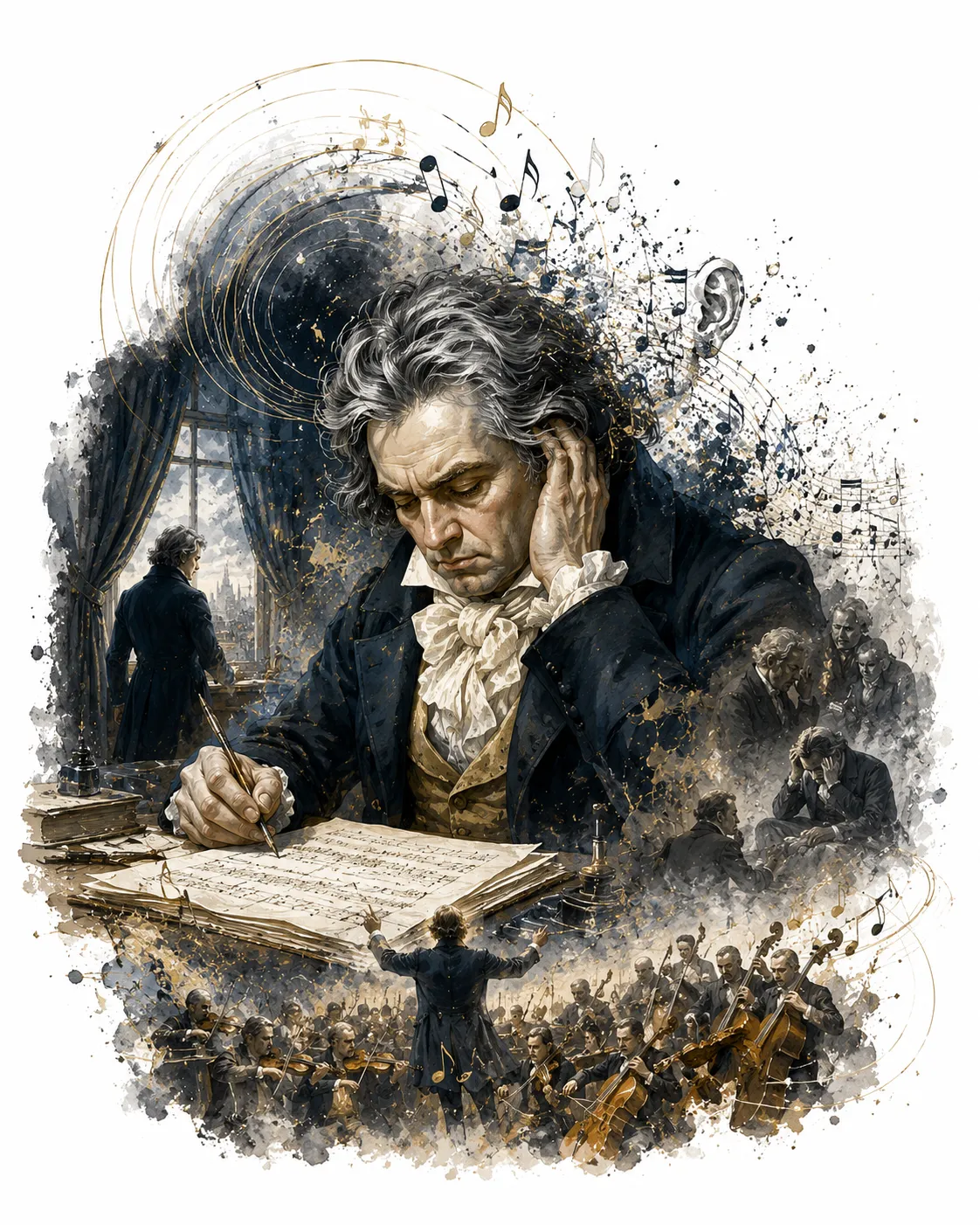 Editorial illustration of Beethoven composing music while deaf