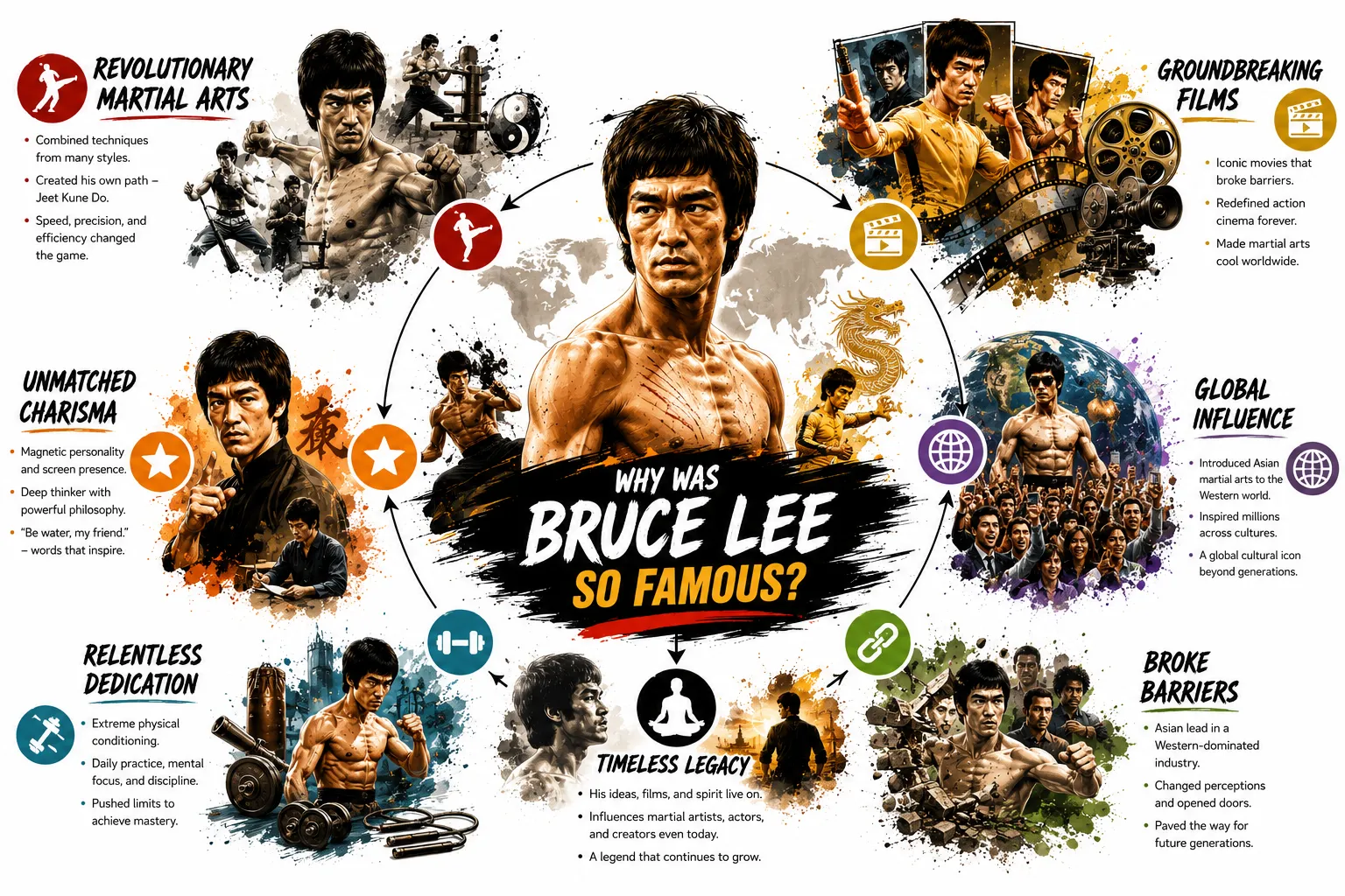 Timeline diagram showing the key events that made Bruce Lee famous