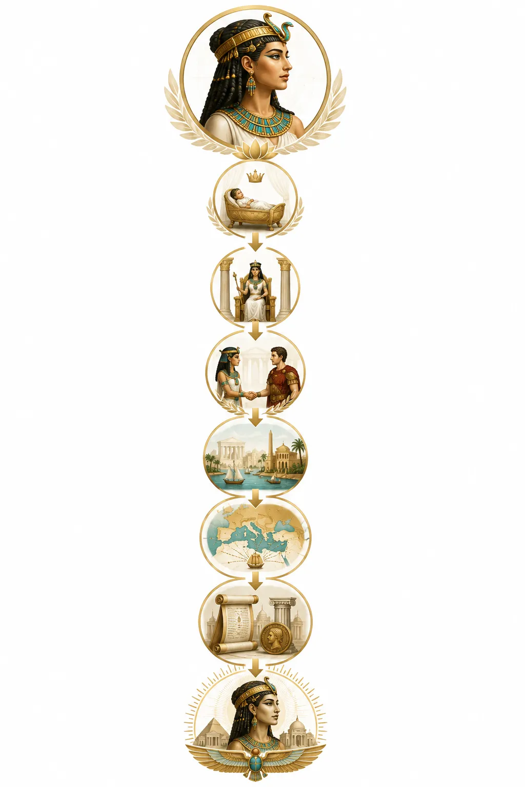 Timeline diagram showing Cleopatra's alliances with Caesar and Antony and her eventual defeat