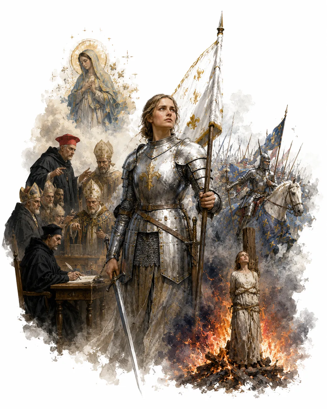 Editorial illustration of Joan of Arc at the stake