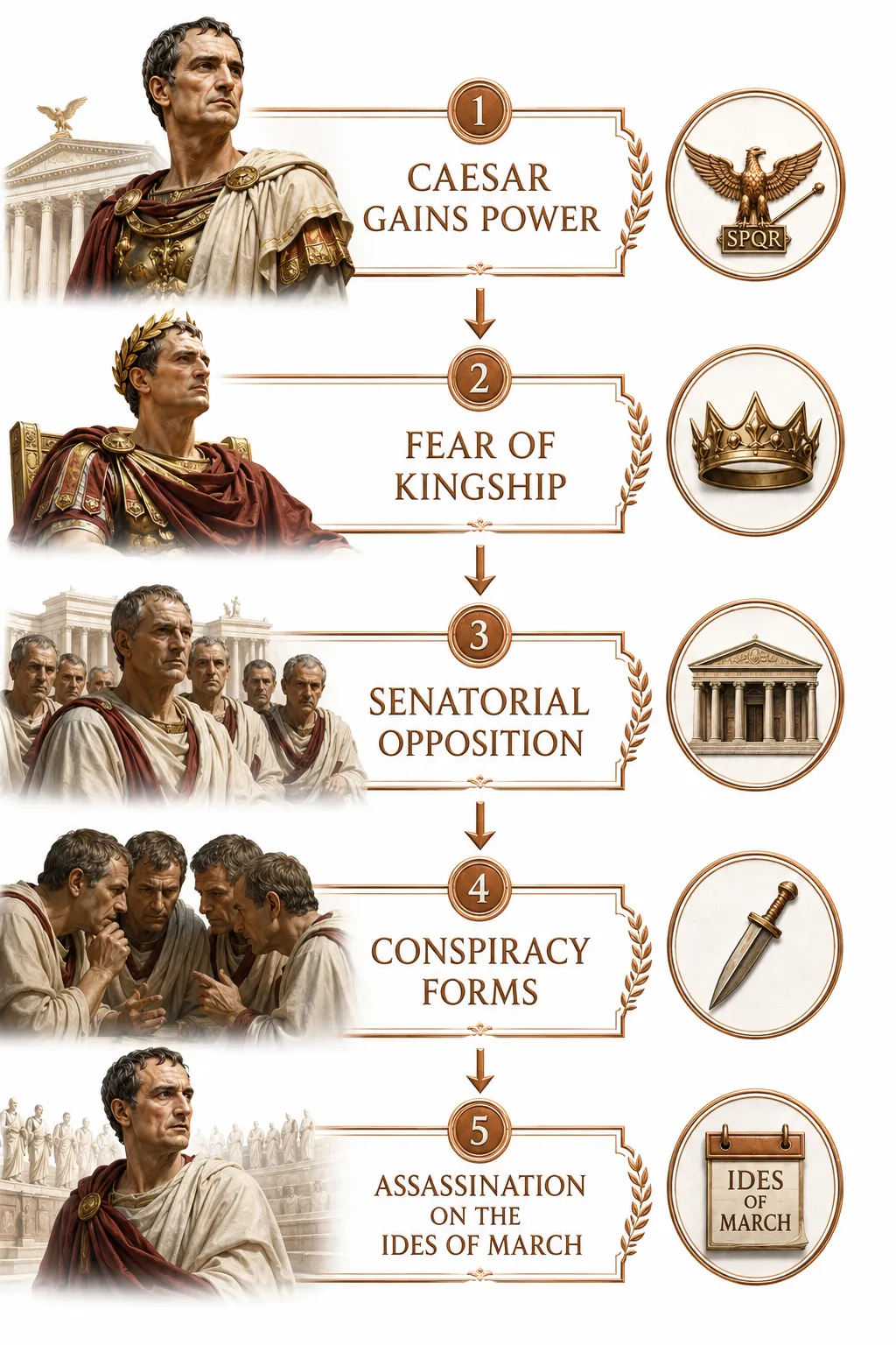 Timeline diagram showing Caesar's rise, his appointment as dictator, and the assassination plot