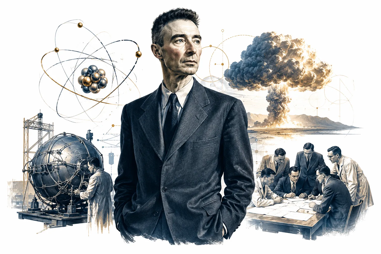 Editorial illustration of Oppenheimer watching the Trinity test explosion