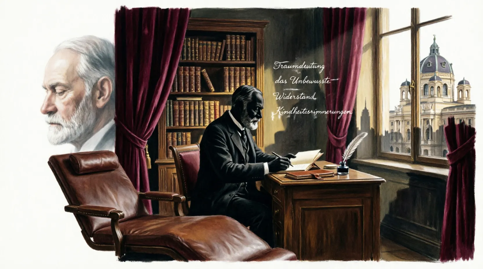 Freud's consulting room in Vienna with dim lighting and a couch